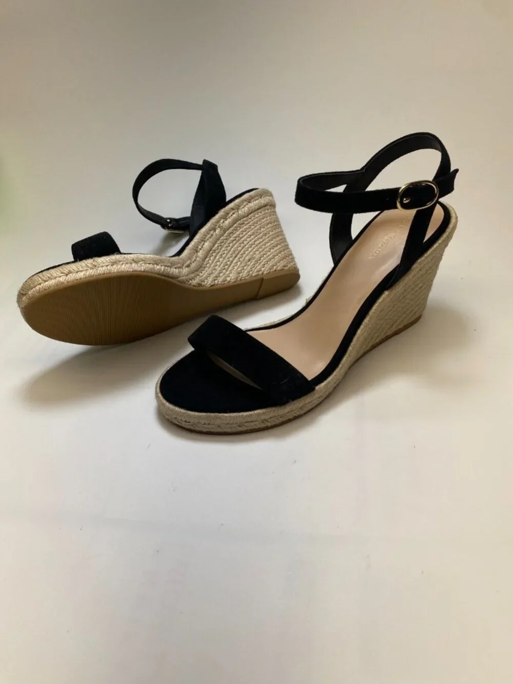 Stuart Weitzman Women's Teddi Black Suede Espadrille Wedge Heel Sandals Sz 10.5